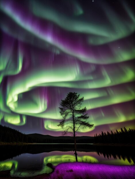 Un arbre devant un lac avec les aurores boréales au-dessus