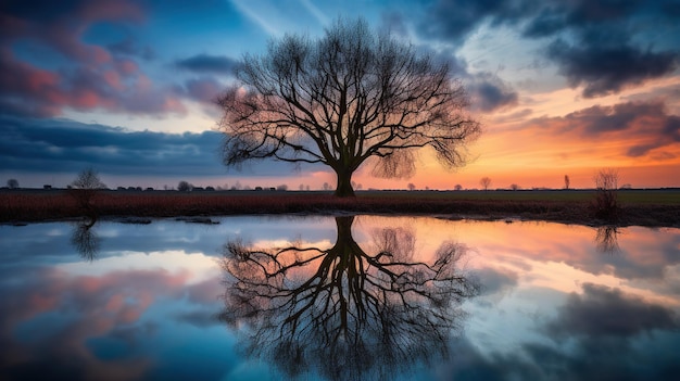 Un arbre devant un lac avec un coucher de soleil derrière lui