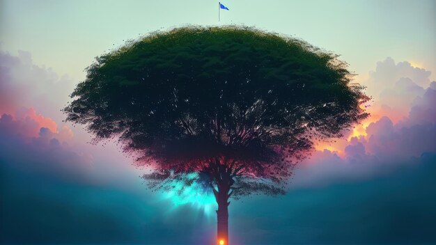 Un arbre avec un drapeau dessus