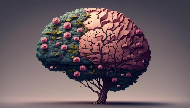 Arbre du cerveau humain avec des fleurs auto-soins et concept de santé mentale IA générative