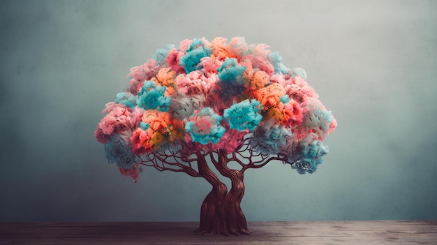 Arbre du cerveau humain avec des fleurs concept de soins personnels et de santé mentale pensée positive esprit créatif IA générative