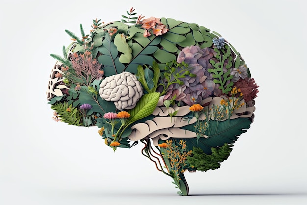 Arbre du cerveau humain avec des fleurs concept de soins personnels et de santé mentale pensée positive IA générative du jour de la Terre