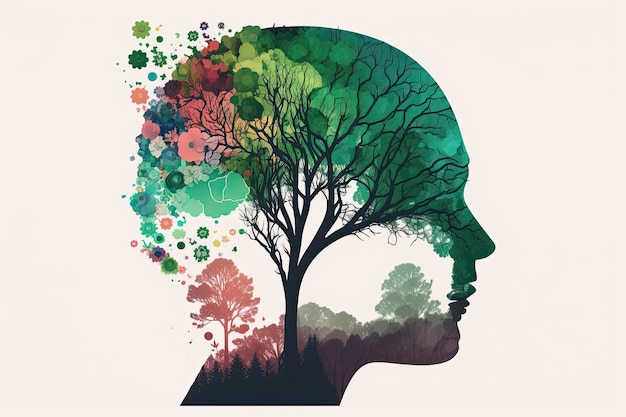 Photo arbre du cerveau humain avec des fleurs concept de soins personnels et de santé mentale pensée positive ia générative du jour de la terre