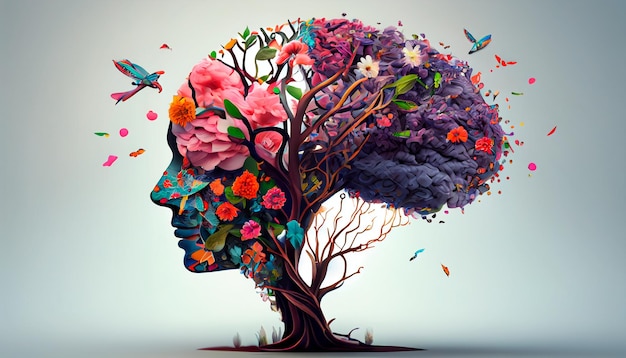 Arbre du cerveau humain avec des fleurs et des papillons soins personnels et concept de santé mentale pensée positive esprit créatif IA générative