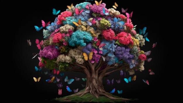 Arbre du cerveau humain avec des fleurs et des papillons soins personnels et concept de santé mentale pensée positive esprit créatif IA générative