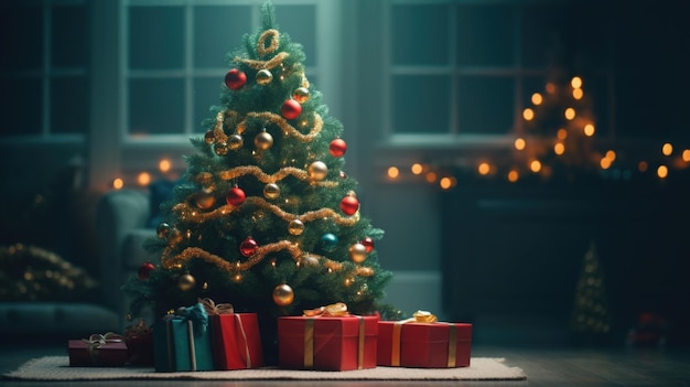 Arbre du Nouvel An décoré de boules et de guirlandes du Nouvel An dans les intérieurs avec des cadeaux