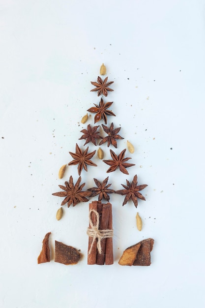 Arbre du nouvel an fait d'anis étoilé et de bâtons de cannelle, fond blanc, vue de dessus