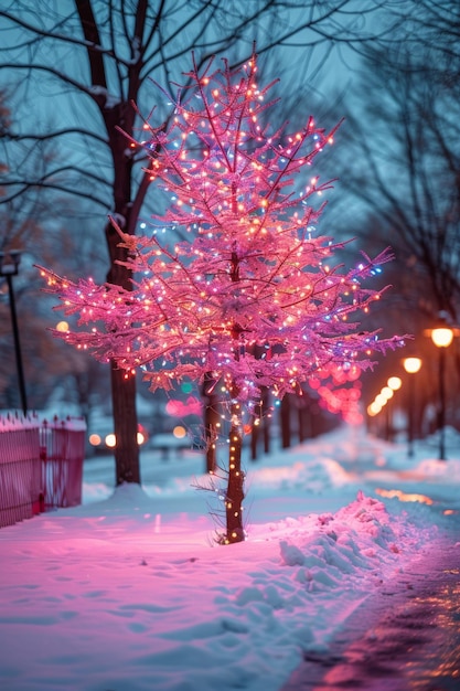 L'arbre éclairé par des lumières roses