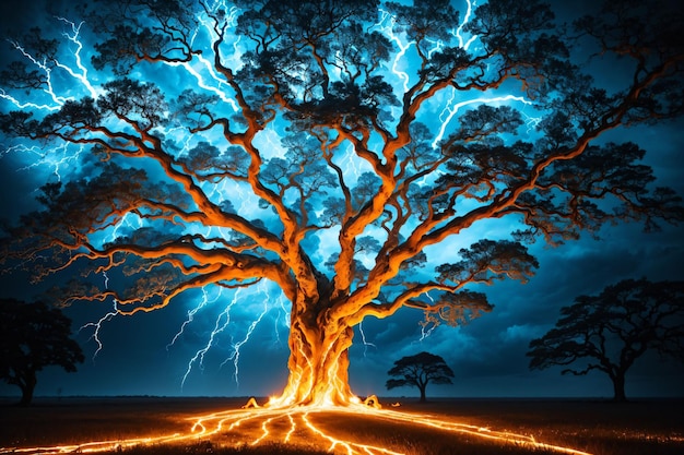 Un arbre avec des éclairs et un éclair dans le ciel