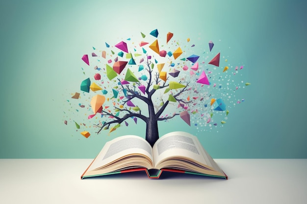 Photo arbre de l'éducation de la connaissance et conception de modèle d'éducation moderne efficace à livre ouvert retour à scho