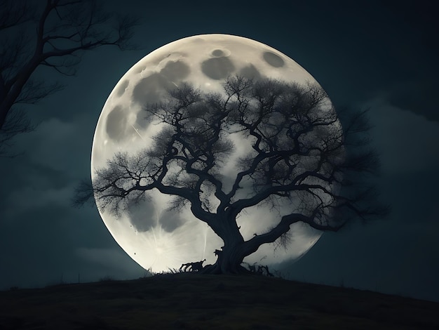 Un arbre effrayant contre une grande lune générée par l'IA