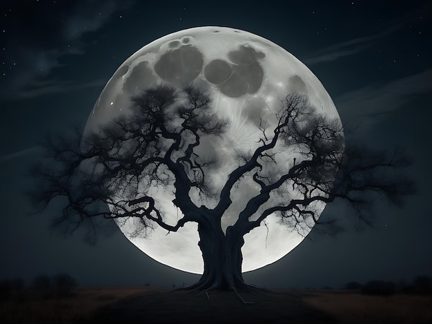 Un arbre effrayant contre une grande lune générée par l'IA