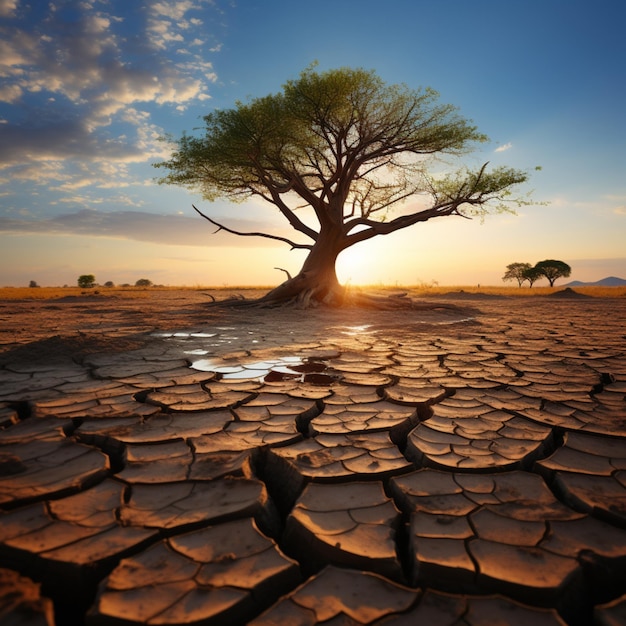 Un arbre emblématique sur un sol craquelé incarne la crise climatique, la pénurie d'eau induite par le réchauffement climatique.