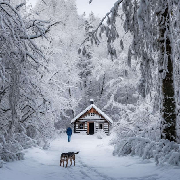 Arbre enneigé avec une cabane et un chien belle image Ai généré de l'art