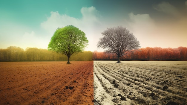 Un arbre est affiché à côté d'un champ avec le changement des saisons.