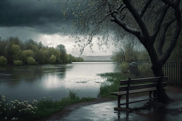 Un arbre est à côté d'un banc au bord de l'eau