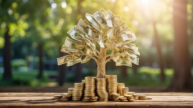 Un arbre fait de pièces d'or et de billets