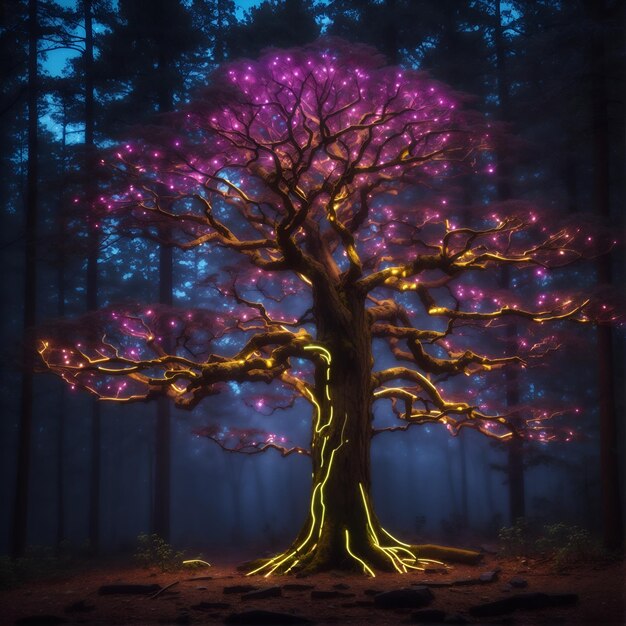 Photo un arbre de fantaisie brillant avec des néons