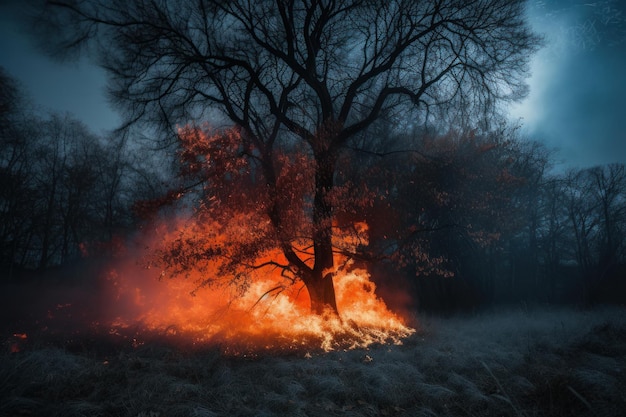 Un arbre en feu dans un ciel vibrant, une illustration dramatique de la beauté intense et du danger de la nature AI Generative
