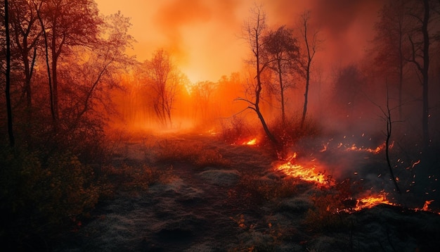 Arbre en feu dans l'horreur des pompiers de la forêt sombre générée par l'IA