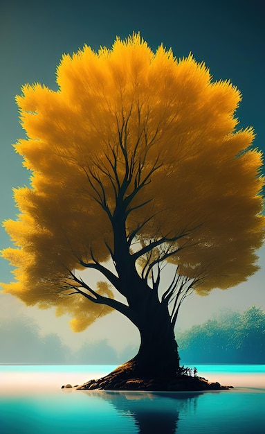 Un arbre avec une feuille jaune qui dit "le mot" dessus.