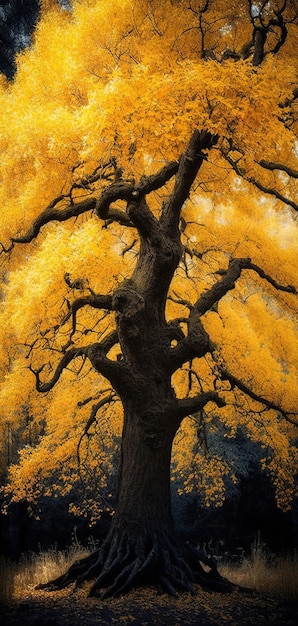 Arbre à feuilles jaunes à l'automne un vieux chêne noueux au fond des bois Concept des saisons