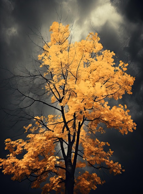 un arbre avec des feuilles jaunes sur ses branches contre un ciel nuageux sombre dans l'image est noir et blanc