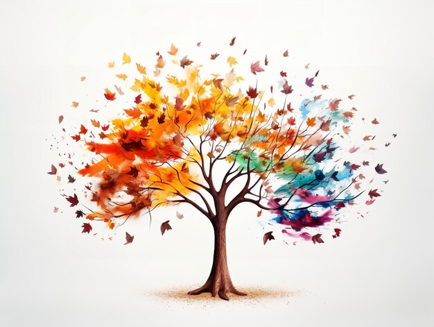 Arbre avec des feuilles multicolores Diversité et changement isolés sur un fond blanc généré par l'IA