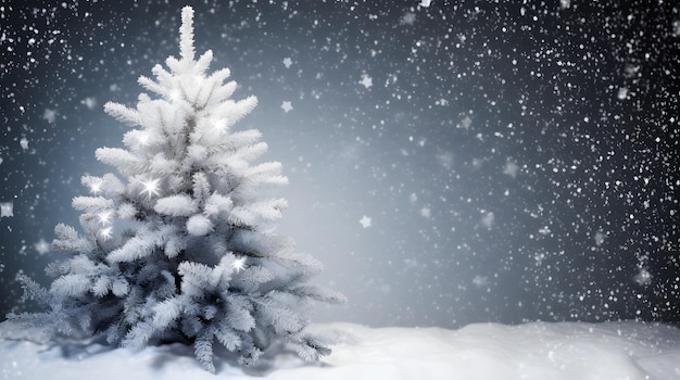 Un arbre à feuilles persistantes recouvert de neige entouré de flocons de neige Copier l'espace au sommet