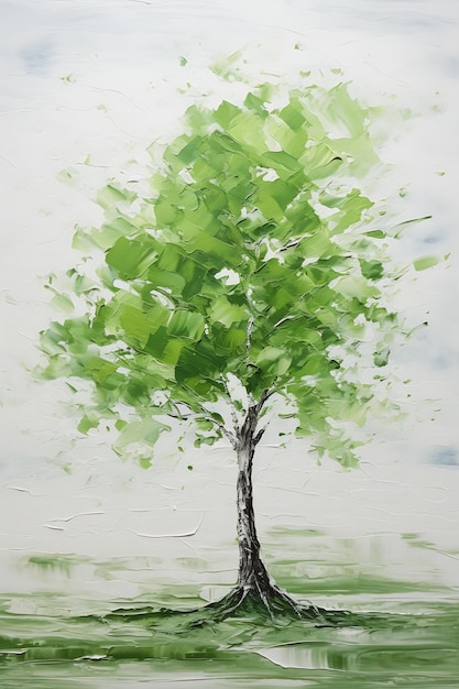 arbre feuilles vertes l'huile capture l'émotion mouvement techniques mixtes toile ratio jeune ton