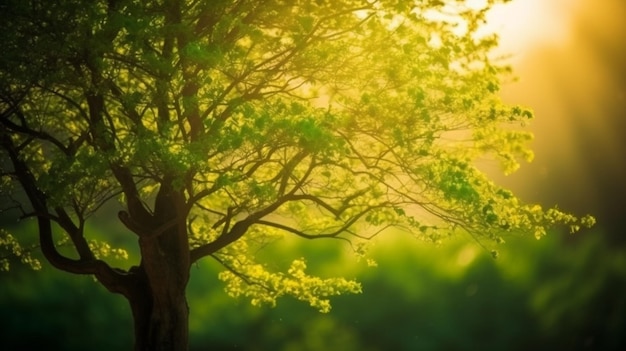 Un arbre avec des feuilles vertes et le soleil qui brille dessus