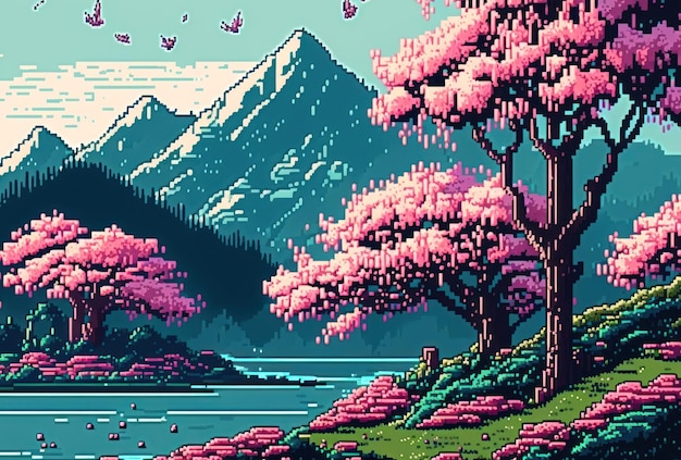 Arbre de fleur de cerisier de saison de printemps avec un style pixel art de fond de paysage magnifique