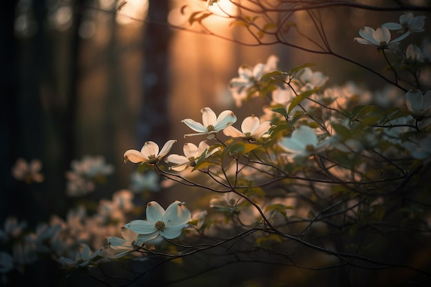 Un arbre à fleurs blanches au soleil