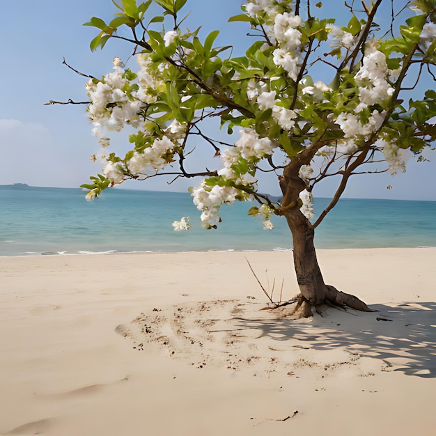 Photo un arbre avec des fleurs blanches dans le sable