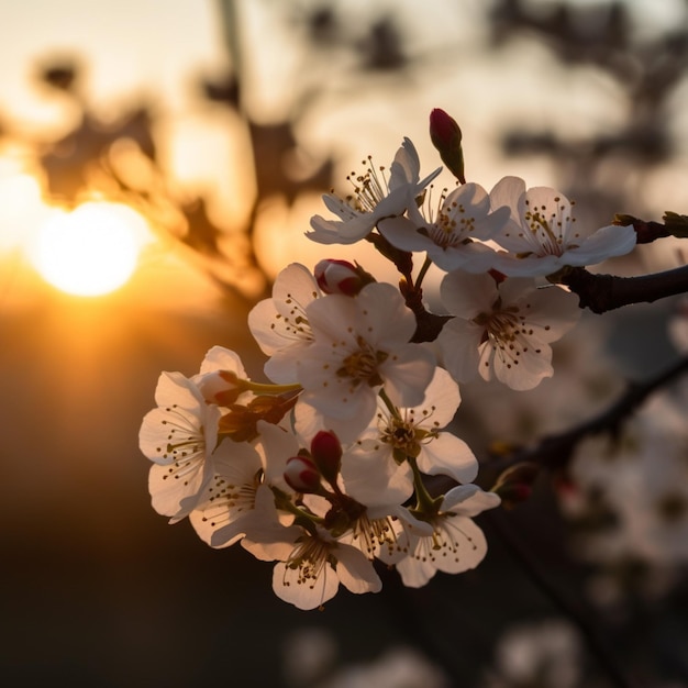 Un arbre à fleurs blanches est devant un soleil couchant.