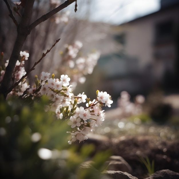 Un arbre à fleurs blanches est en fleur.