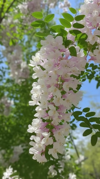 Un arbre avec des fleurs blanches qui portent le mot glycine.