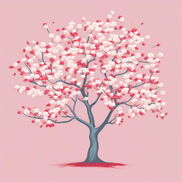 Un arbre avec des fleurs blanches et rouges sur un fond rose