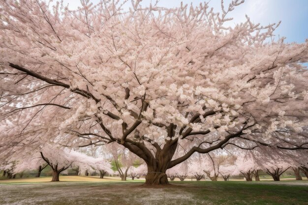 Arbre de fleurs de cerisier en pleine floraison entouré de cerisiers en fleurs créés avec une IA générative