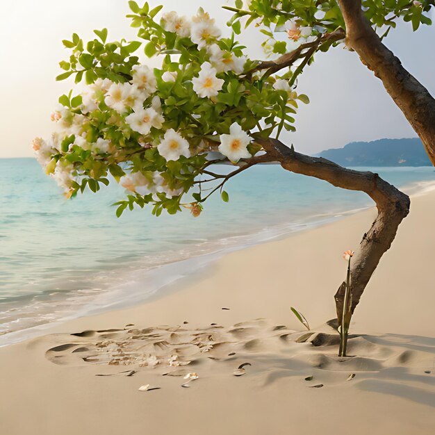 Photo un arbre avec des fleurs dans le sable et le mot mer dessus