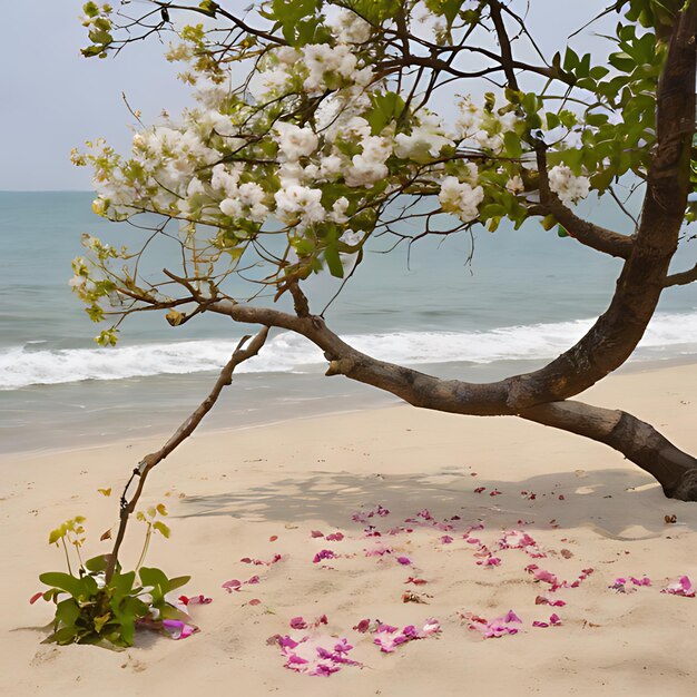 Photo un arbre avec des fleurs dessus est dans le sable