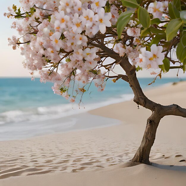 un arbre avec des fleurs dessus est dans le sable