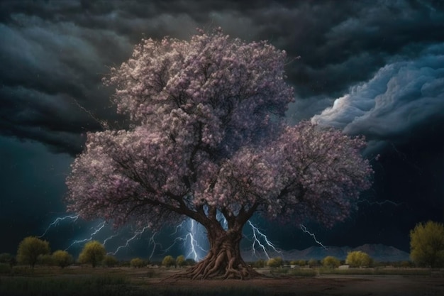 Arbre en fleurs entouré d'un ciel d'orage avec des éclairs visibles créés avec une IA générative