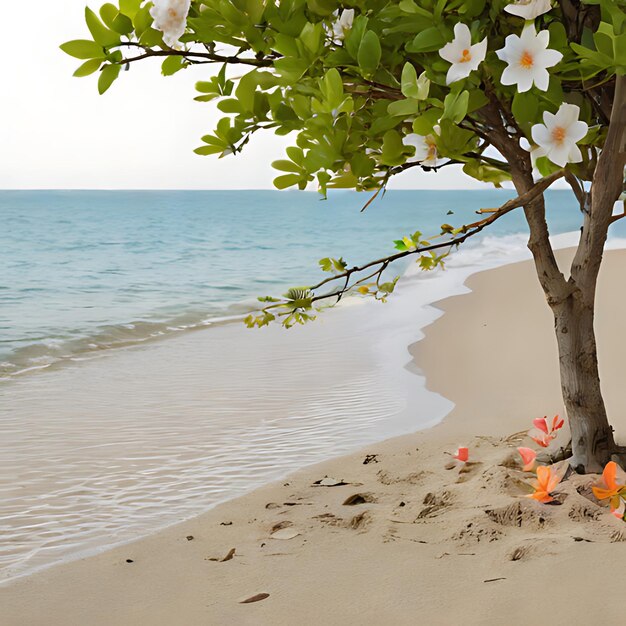 un arbre avec des fleurs et une plage en arrière-plan