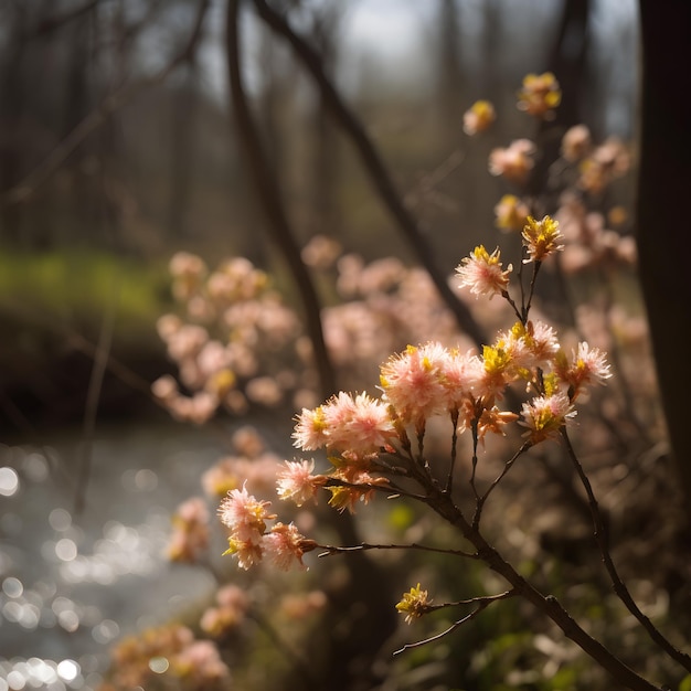 Un arbre avec des fleurs roses au premier plan et une rivière en arrière-plan.