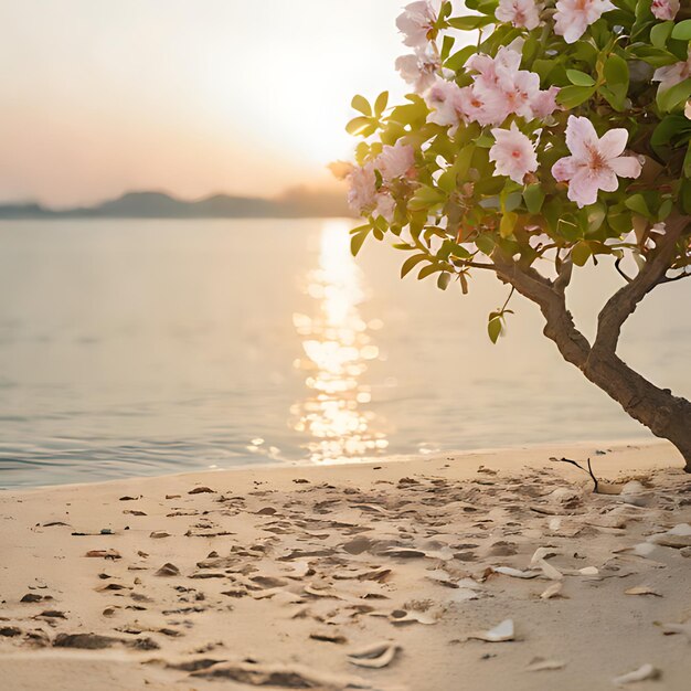 un arbre avec des fleurs roses dans le sable et un coucher de soleil en arrière-plan