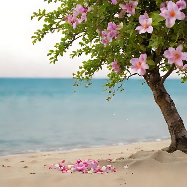 un arbre avec des fleurs roses dans le sable et l'océan en arrière-plan