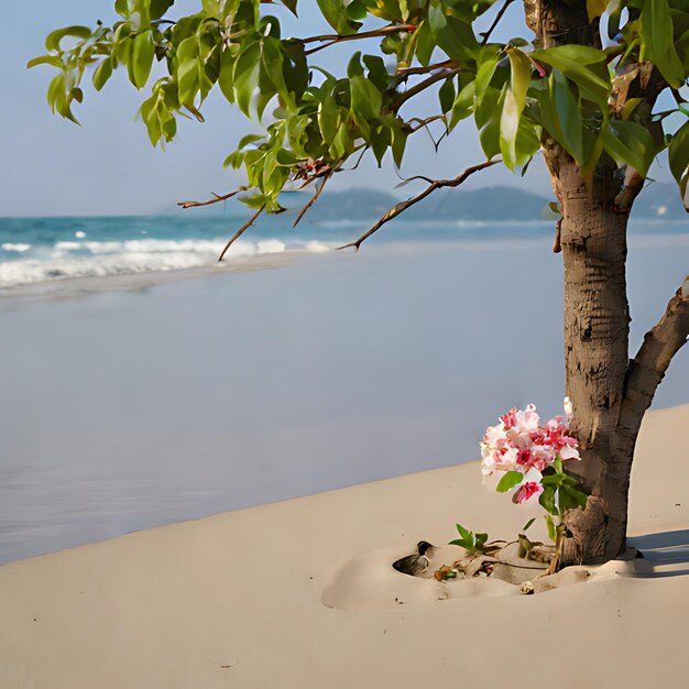 un arbre avec des fleurs roses dans le sable et l'océan en arrière-plan