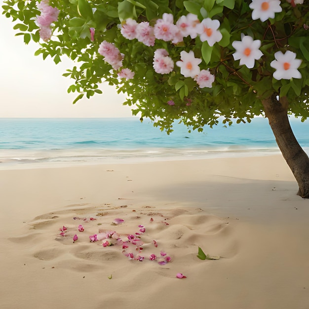 un arbre avec des fleurs roses dans le sable et l'océan en arrière-plan