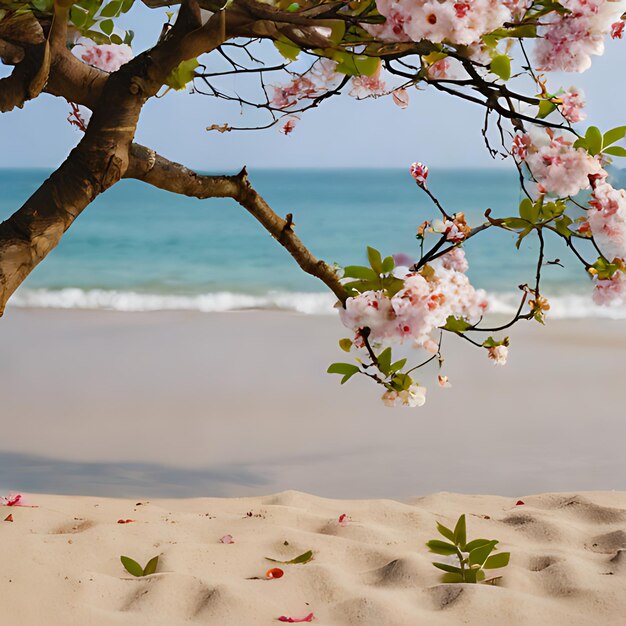 un arbre avec des fleurs roses est dans le sable